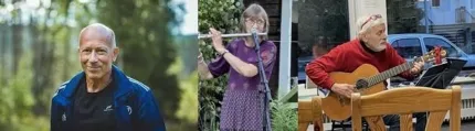 Kollage med tre personer: en i blå jacka utomhus, en som spelar flöjt vid mikrofon, och en som spelar gitarr..