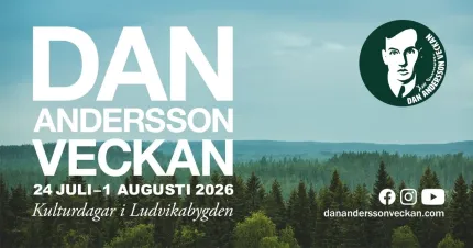 Reklamaffisch med texten “Dan Andersson-veckan” över ett landskap med skog och blå himmel..