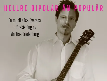 Affisch med suddat ansikte, person i vit skjorta som håller en akustisk gitarr samt svensk text..