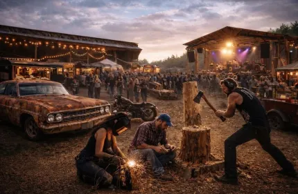 Utomhusfestival i skymning med scen och publik, en person hugger ved och en annan svetsar nära en gammal bil..