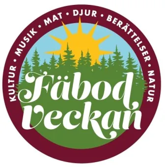 Rund logotyp med sol över granskog och texten "Fäbodveckan", omgiven av ring med ord och prickar..
