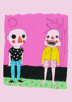 Illustration av två figurer med stora huvuden på grönt gräs mot rosa himmel, med sol och trädgren..