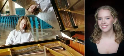 Två bilder sida vid sida: en person vid ett flygelpiano med spegling, samt ett porträtt mot mörk bakgrund..