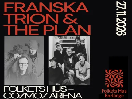 Svart affisch med röd och vit text samt två svartvita bandfoton och Folkets Hus Borlänge-logotyp..