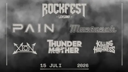 Grå affisch med rökig bakgrund och texten ROCKFEST LEKSAND samt bandnamn och datum 15 juli 2026..