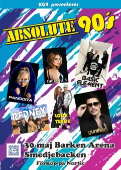 Färgglad konsertposter med texten "Absolute 90's", artistbilder, QR-kod och datum samt arena längst ned..