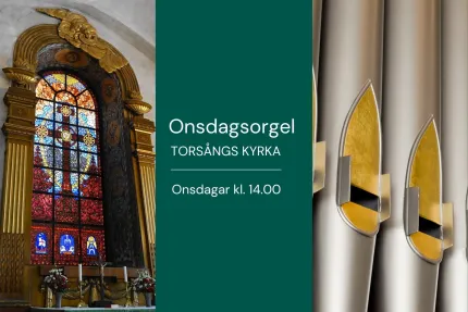 Affisch med färgat kyrkfönster till vänster, text i mitten och orgelpipor med gulddetaljer till höger..