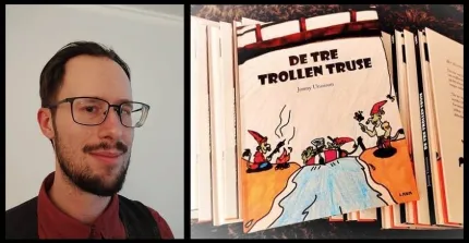 Delad bild: porträtt av en person med glasögon till vänster och en uppslagen barnbok med teckningar till höger..