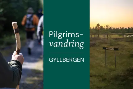 Delad bild med vandrare med käpp, texten ”Pilgrims-vandring GYLLBERGEN” och skylt i myrlandskap i solnedgång..