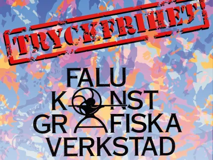 Mönstrad bakgrund, Tryckfrihet med röda bokstäver, Falu Konstgrafiska verkstad med svarta bokstäver.