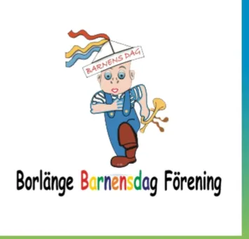 Illustration av en tecknad figur i blå hängselbyxor med vimpel och skylt samt texten Borlänge Barnensdag Förening..