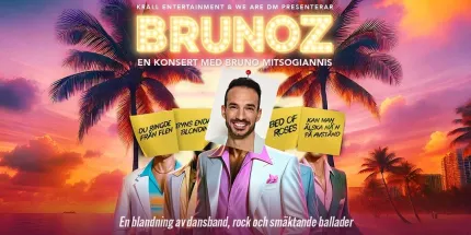 En man i kort mörkt hår skägg och mustach, Brunoz med lysande bokstäver, palmer och rosa himmel med moln.