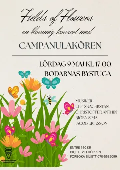 Affisch för konsert med Campanulakören, med blommor, gräs, fjärilar och bi överst på ljus bakgrund..