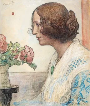 En akvarell föreställande en kvinna med uppsatt hår, iklädd en mönstrad blus och en vit sjal över axlarna, brevid henne en vas med rosa blommor.