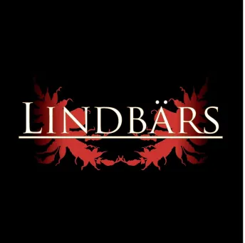 Svart bakgrund, röda löv, Lindbärs med vita bokstäver.