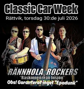 Svart bakgrund, fyra män med varsitt instrument, vit text om evenemanget.