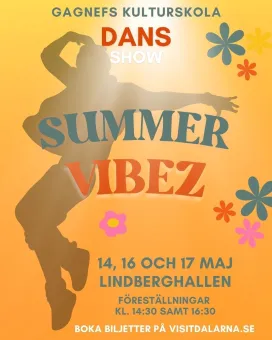 Affisch, orange bakgrund, animerade blommor i olika färger, text om evenemanget i olika färger.