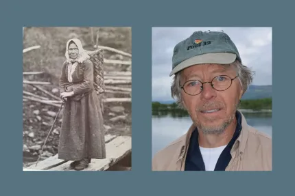 Två bilder sida vid sida: ett gammalt foto av en kvinna med ryggbörda och ett modernt porträtt vid en sjö..