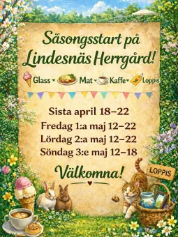 Illustrerad affisch i blommande trädgård med svensk text om säsongsstart, glass, mat, kaffe och loppis..
