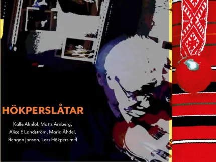 En suddig animerad bild på en man med en fiol, Hökperslåtar i orange bokstäver, detalj från en folkdräkt i rda, svarta och vita ränder, ett band med en röd tofs.