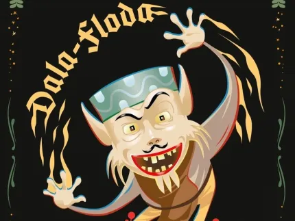 Svart bakgrund, en animerad bild på en Valborre, eldsflammor, Dala-Floda med gula bokstäver.