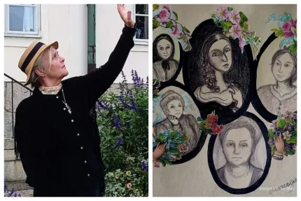 En kvinna i hatt och svarta kläder, tittar uppåt och pekar, illustrationer av olika kvinnor inramade i svarta ramar.