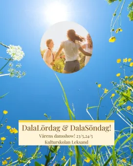 Affisch mot klarblå himmel med sol, blomsteräng i förgrund och cirkelbild med tre dansande personer.