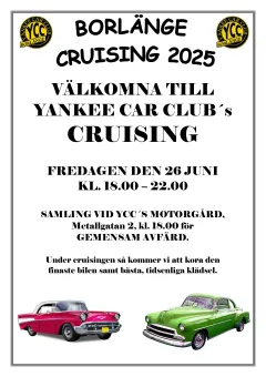 Affisch, vit bakgrund med svart text  Borlänge cruising, två animerade veteranbilar.
