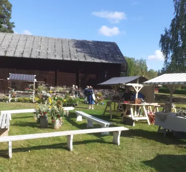 Gammaldags marknadsstånd med randiga tak, vita bänkar i en fyrkant, en mörk timmerlada i bakgrunden.
