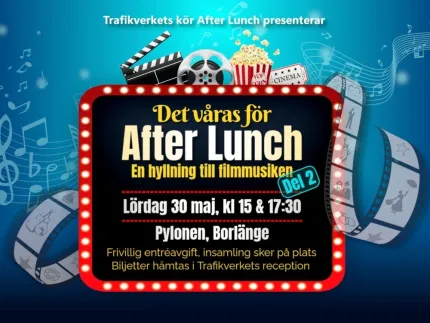 Affisch med biotema för “After Lunch”, med filmklappa, filmrulle, popcorn och noter på blå bakgrund..