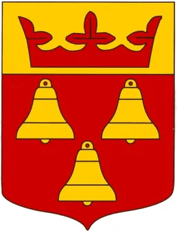 Heraldisk sköld i rött och gult med röd krona överst samt tre gula klockor på röd botten..