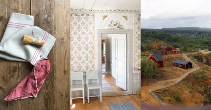 Collage showing towels and brush on a wooden table, a vintage room doorway with chairs, and red cabins in a rural landscape..
