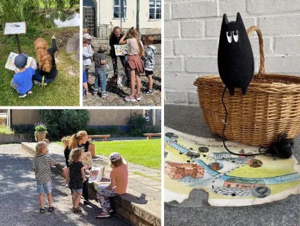 Bildkollage där barn följer en karta utomhus vid park och byggnad, samt en svart figur på en korg bredvid en karta..