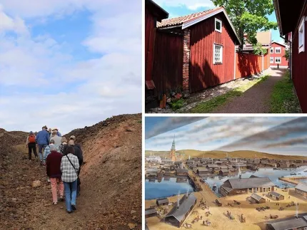 Kollage med vandrare på stenig stig, röd träbebyggelse i gränd och målning av kuststad med kyrktorn..