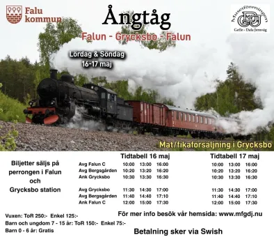 Affisch med ett svart ånglok som drar vagnar genom grön skog, med rök, tidtabeller och biljettinfo..