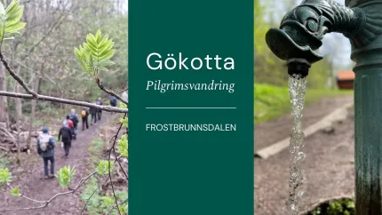 Grafisk affisch med text om pilgrimsvandring, samt foton av vandring i skog och vattenkran med rinnande vatten..
