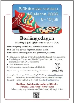 Informationsaffisch om Släktforskarveckan i Dalarna 2026 med dalahästbild, programtext och QR-kod..