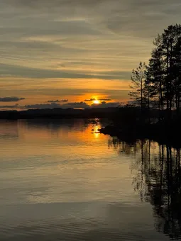 Solnedgång över en lugn sjö med gyllene reflexer i vattnet, mörka berg i horisonten och träd i siluett..