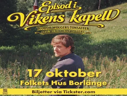 Affisch med en man i en grön äng och stor gul text; datum och platsinformation syns längst ned..