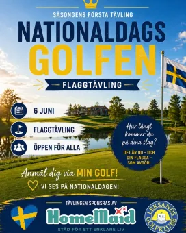Affisch med text om Nationaldagsgolfen och flaggtävling, över en golfbana vid vatten med svensk flagga..