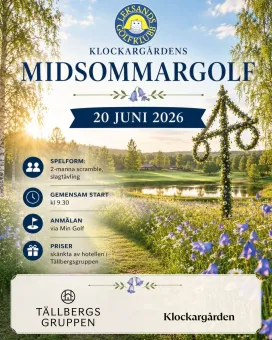 Reklamaffisch om Midsommargolf med datum, logotyper och en golfbana i sommarsol med blommor och majstång..