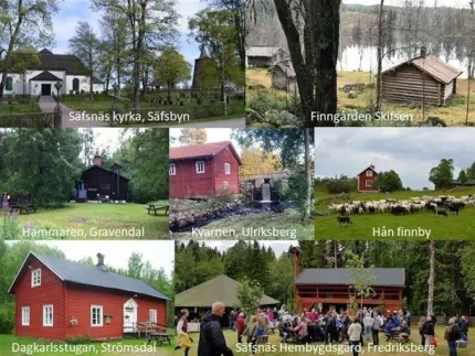Kollage med flera foton av kyrka, stugor, vattenkvarn, fårhage och en folksamling i skogsmiljö..