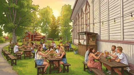 Illustration av människor som sitter vid träbord utomhus, dricker öl och umgås vid en vit byggnad i kvällsljus..
