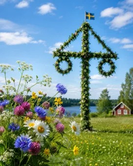 Blomsterklädd midsommarstång med svensk flagga på en äng med vilda blommor, sjö och röd stuga i bakgrunden..
