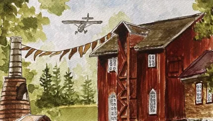 Akvarell av en röd träbyggnad med fönster, vimplar mellan stolpar och ett litet flygplan över gröna träd..