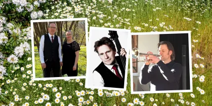 Collage med tre inramade foton ovanpå en äng med prästkragar; två personer i formella kläder och två musiker..