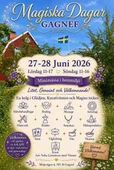 Illustrerad evenemangsaffisch med text, rött hus, svensk flagga, blommor och ikonrad för aktiviteter..