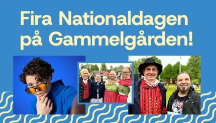 Affisch, blå bakgrund, tre små bilder,  en bild på en ung man med kort mörkt lockigt hår tonade glasögon  i klädd blå tröja,  en bild på fyra personer i folkdräkt och en bild på en man i folkdräkt tillsammans med en man med mörkt hår och skägg iklädd svart jeansskjorta.