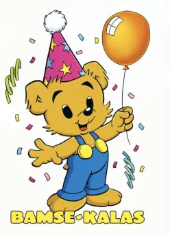 Vit bakgrund, Bamse med en partyhatt på huvudet och en ballong i handen, Bamse kalas med gula bokstäver.