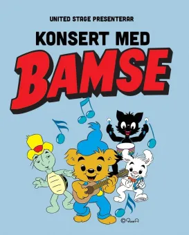 Affisch, blå bakgrund,  Bamse Skalman, Lille skutt och vargen, text konsert med Bamse.